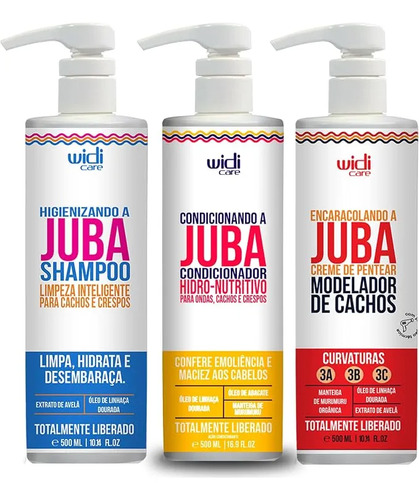 Widi Care Kit Widi Care Juba Completo 3 Etapas 500ml – Shampoo + Condicionador + Creme de Pentear para Cachos 3A, 3B e 3C